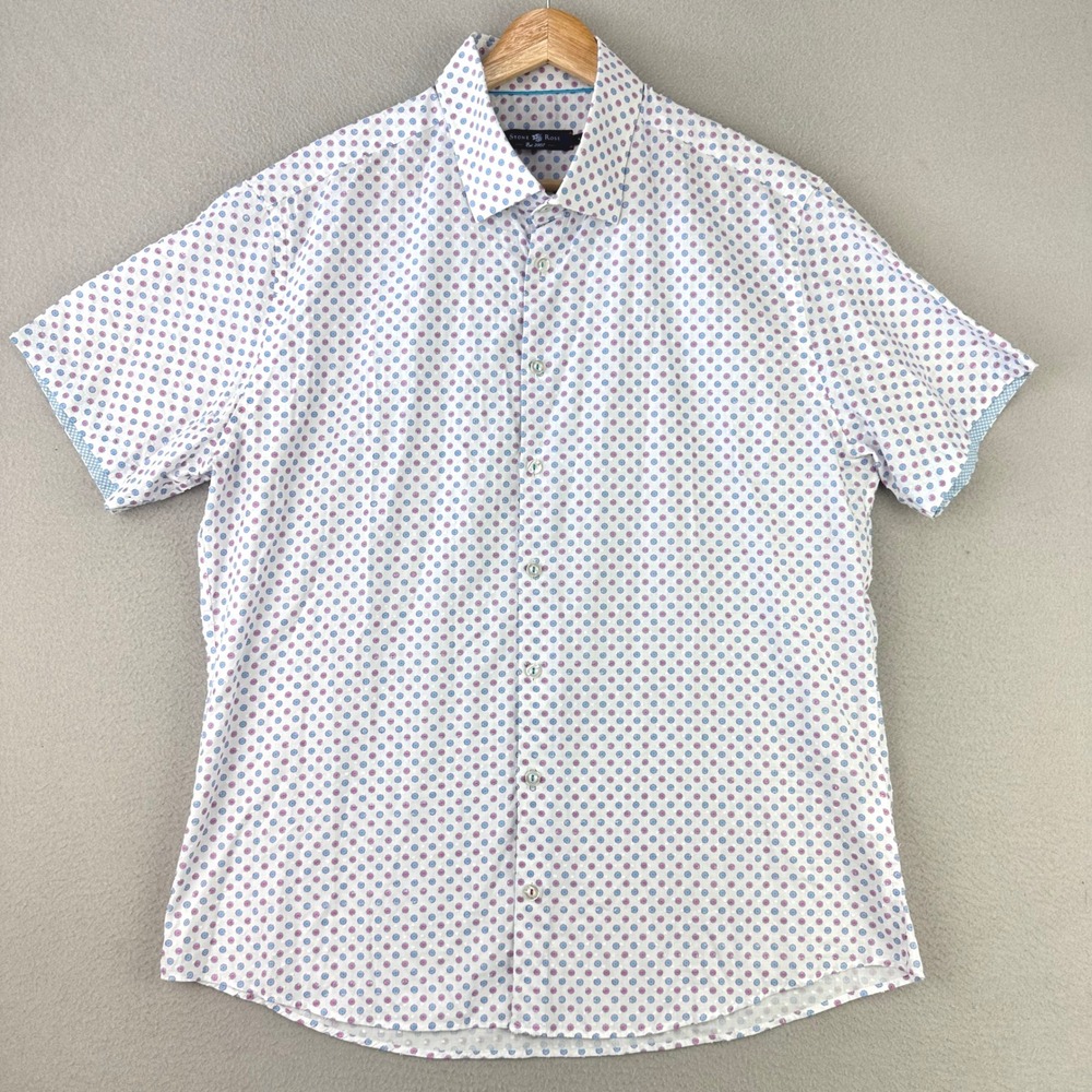 Stone Rose Button Up Shirt‎ Mens 4 White Short Sleeve Monogram Preppy Casual